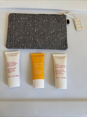 Clarins Travel Skincare Set with Gray Tweed Pouch - White, Yellow